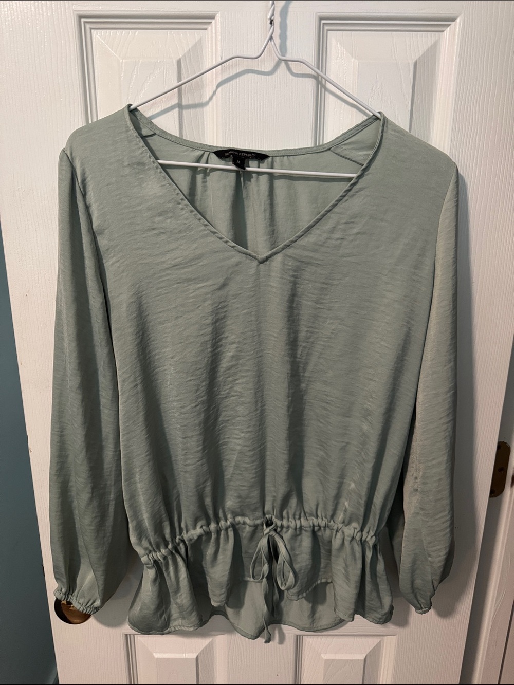 Banana Republic Light Sage V-Neck Drawstring Peplum Blouse